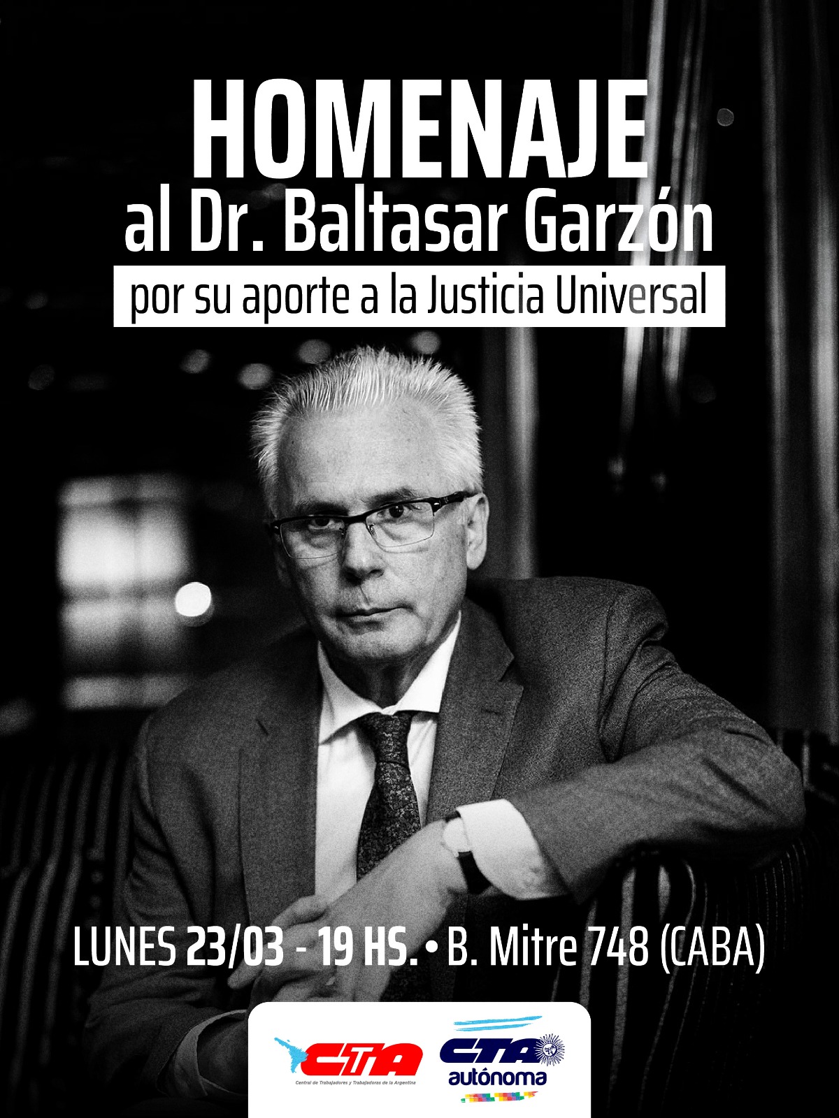 Cartel homenaje a Baltasar Garzón 2026 Argentina